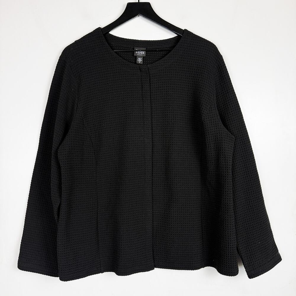 Eileen Fisher Textured Waffle Knit Jacket Black Button Snap - 1X Plus